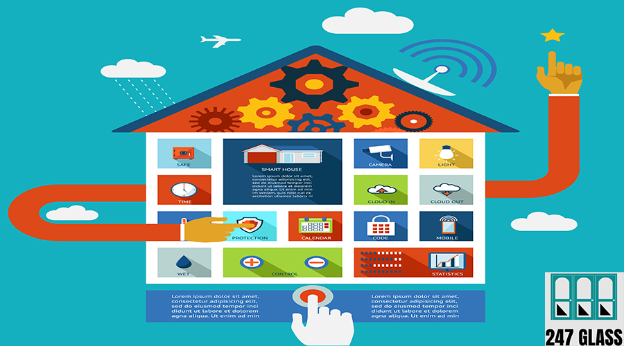Vector display panel to control a smart house for humidity  security and lighting with a person activiting a button on the interface shaped in the form of a house with a wifi antenna