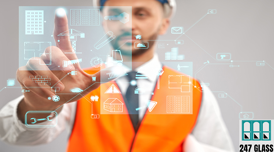 Architect working with virtual 3D projection. Close up of architect wearing reflective vest and helmet. Selective focus of digital tactile charts screen, man touching virtual icon on projection. Concept of digitalization, construction.