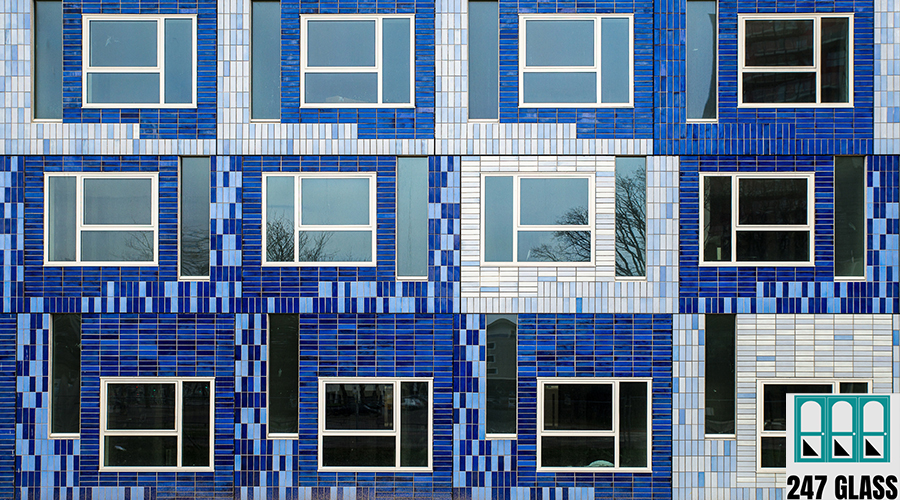 A beautiful shot of a building with different blue tiles