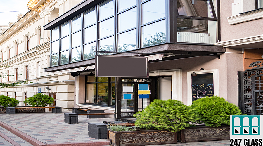 Signboard on the building modern style, copy space Blank mock up design of cafe signboard on nice building outdoors