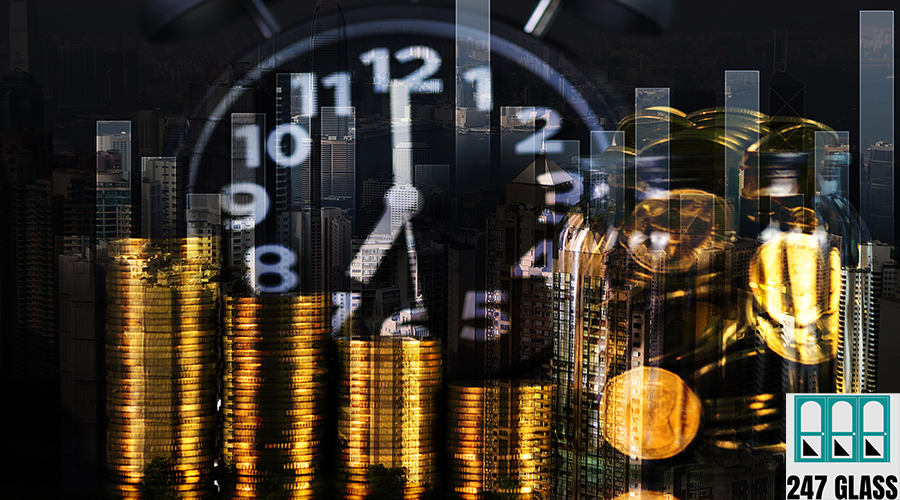 Double exposure of coin stack and alarm clock with city backgrou Double exposure of coin stack and alarm clock with city background and financial graph, business finance concept idea.