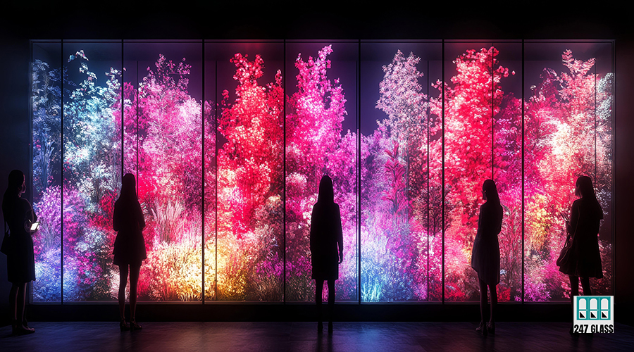 Colorful Digital Art Display, Interactive Light Wall A group of people interacting with a stunning wall made of colorful lights and digital art images. The display creates an immersive visual experience.