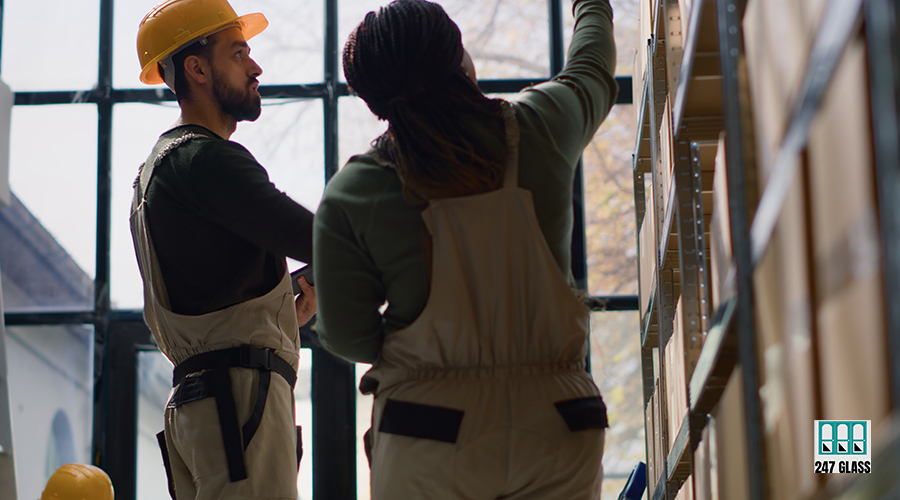 Experts check warehouse inventory Hip level shot of warehouse manager and trainee performing inventory check, keeping quality standards high. Proactive experts in depot prepare to ship parcels, crosschecking delivery info