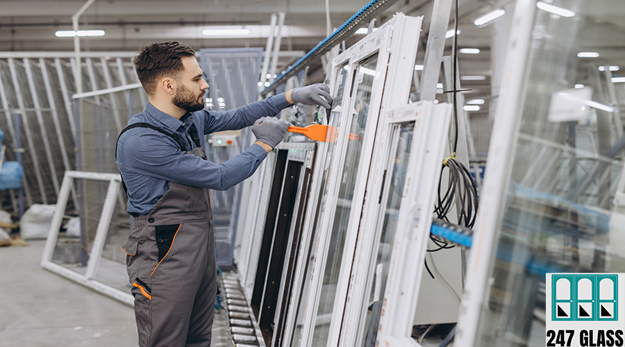 Factory worker assembling aluminum and pvc windows and doors in a large industrial production space