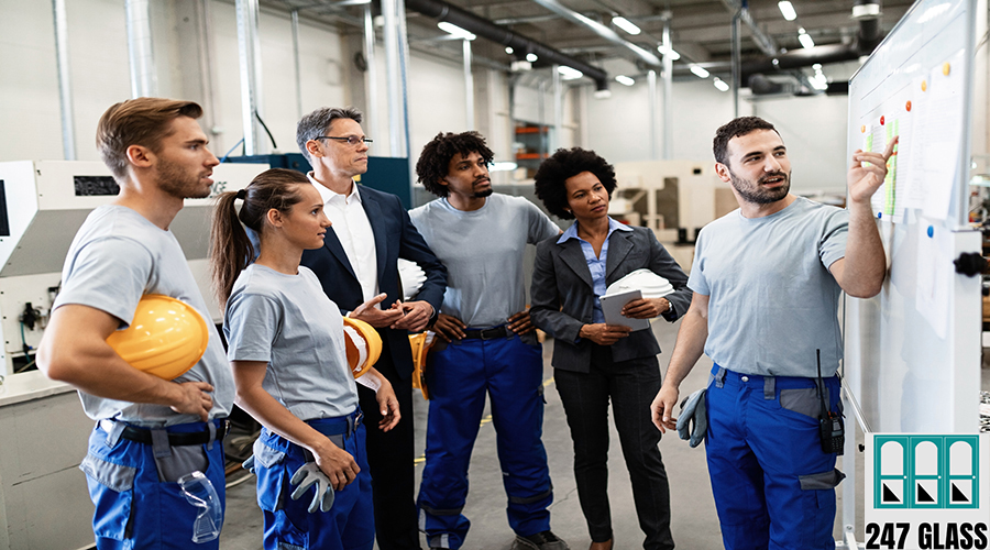 You can see here the development of production! Happy manual worker presenting the results of business development while giving presentation to company leaders and his team in a factory.