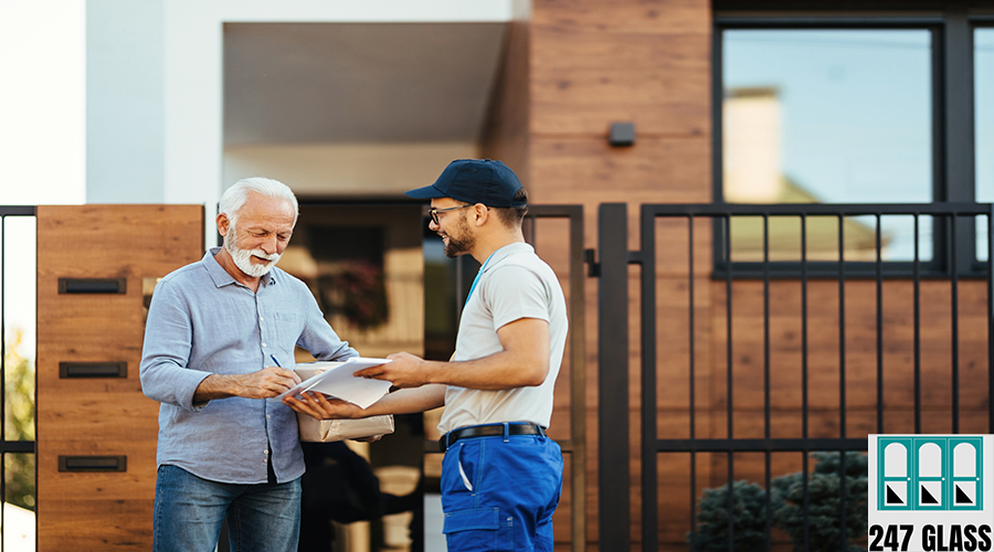 Happy senior man signing for delivery from a courier. Sliding Glass Door Repair