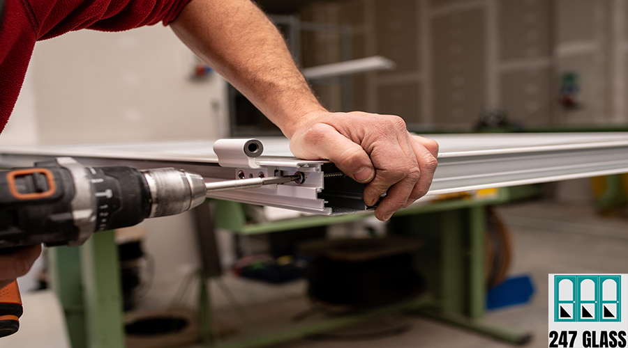 Male with a red shirt making a window with industrial tools A male with a red shirt making a window with industrial tools