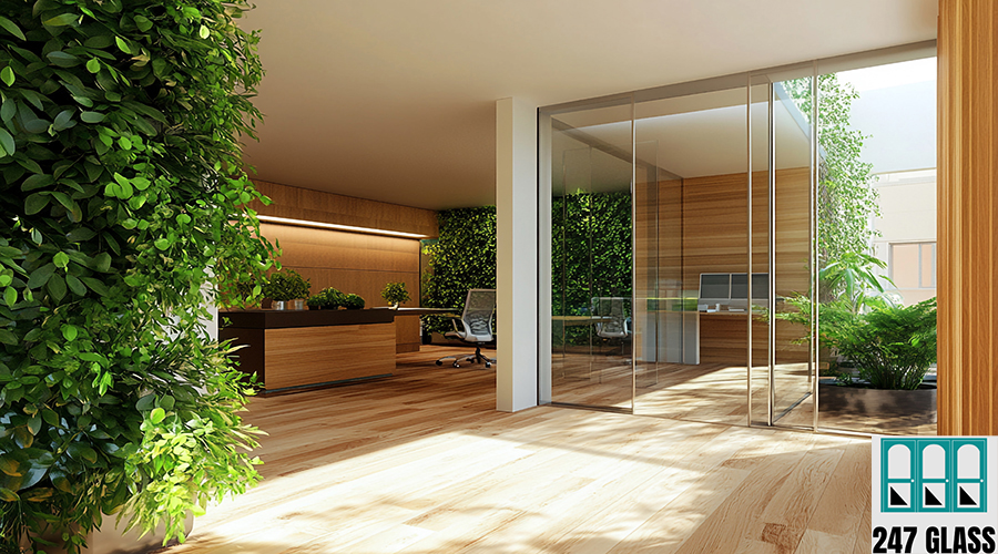 Modern office design with natural wood floors and living walls c Modern office design with natural wood floors and living walls c