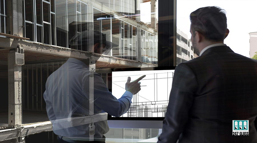 person-is-using-computer-explaining-building-construction-others-background person-is-using-computer-explaining-building-construction-others-background