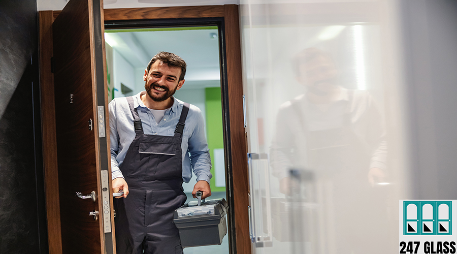Repairman holding his box with tools and entering house. Window Installation for Retail Shops