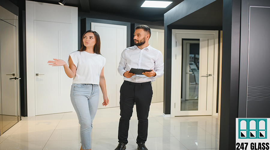 A salesman advises a female customer on the choice of interior doors in a hardware store.