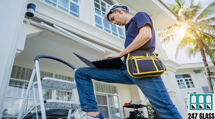 A technician sets up a CCTV camera on the facade of a residential building. Sliding Glass Door Repair