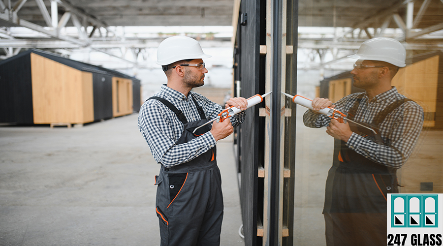 A worker installs windows in a new modular home. The concept of a new home Sliding Glass Door Repair