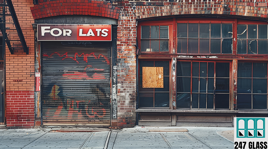 The front of a building with a yellow sign that says Laes The front of a building with a yellow sign that says Laes. The building is old and has a lot of rust