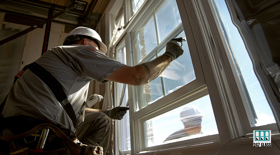 A man in a hard hat is painting a window A man in a hard hat is painting a window. Scene is serious and focused, as the man is working diligently to complete the task