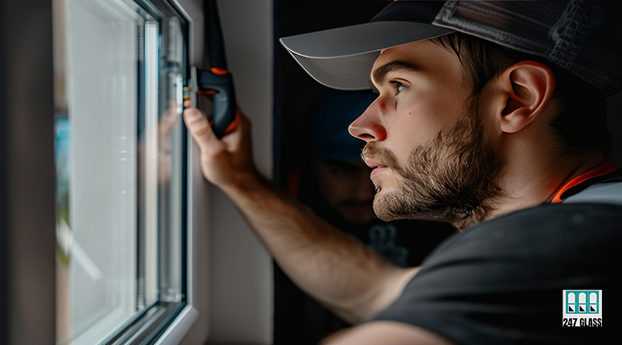 A man in a hard hat is painting a window A man in a hard hat is painting a window. Scene is serious and focused, as the man is working diligently to complete the task