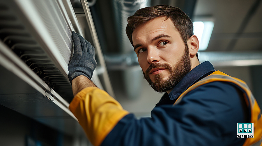 A focused technician working on machinery with a serious expression. commercial door service