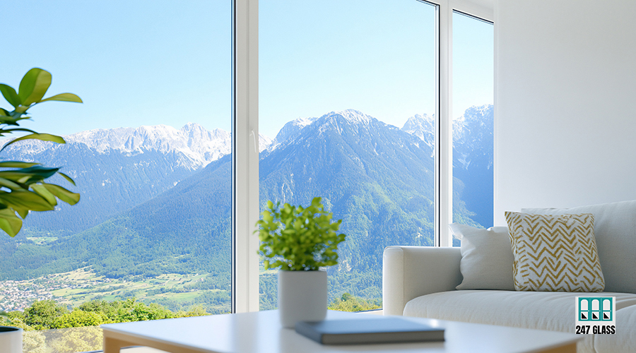 A modern living room with a scenic mountain view through large windows. A modern living room with a scenic mountain view through large windows.