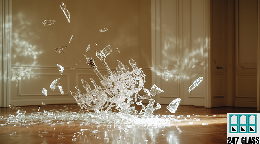 A shattered crystal chandelier lies on a wooden floor, with shar broken glass replacement