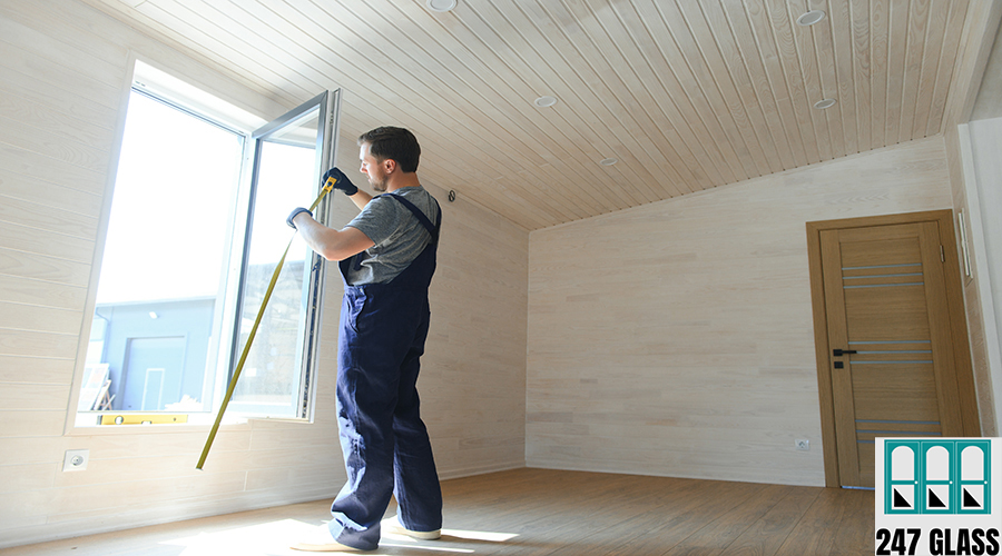 A worker installs windows in a new modular home. The concept of a new home. A worker installs windows in a new modular home. The concept of a new home