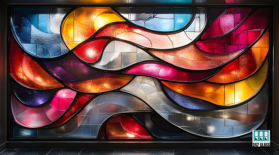 Abstract Stained Glass Art Display Featuring Vibrant Curved Patterns and Colors for Interior Design Generative AI Vibrant stained glass art featuring fluid, curved patterns in bold reds, oranges, blues, and purples. the composition combines abstract shapes and dynamic lighting, ideal for modern interior design or creative inspiration. Generative AI
