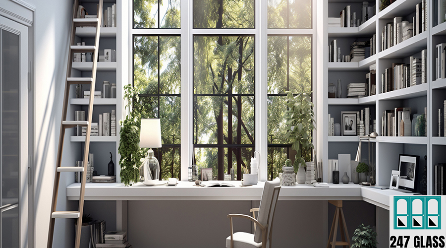 A minimal home office with view from window, wall-mounted desk, modern chair and a bookcase A minimal home office with view from window, wall-mounted desk, modern chair and a bookcase