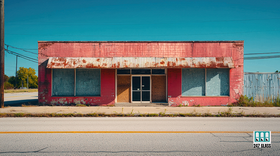 An old, red, abandoned building with boarded-up windows and a rusted metal roof, situated on a street corner with a clear blue sky in the background. 24 hours glass repair