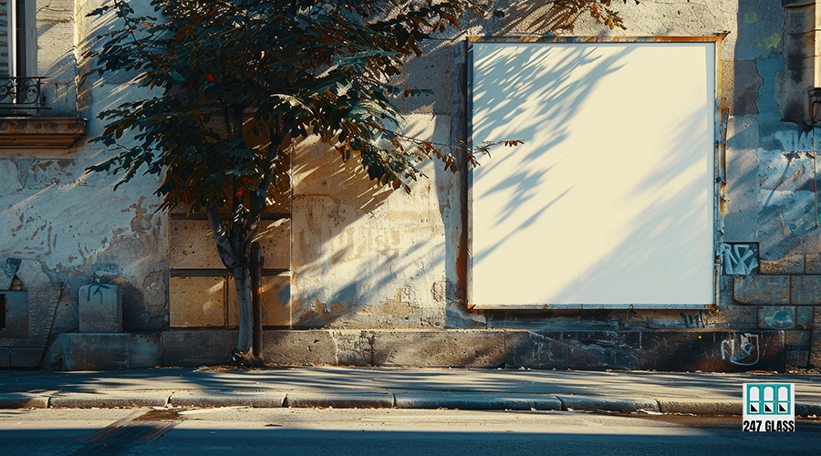 Blank Billboard Advertisement On City Street With Autumn Foliage A blank billboard advertisement is mounted on a building in a city setting. The street is lined with trees that have autumn foliage, with some fallen leaves on the sidewalk.