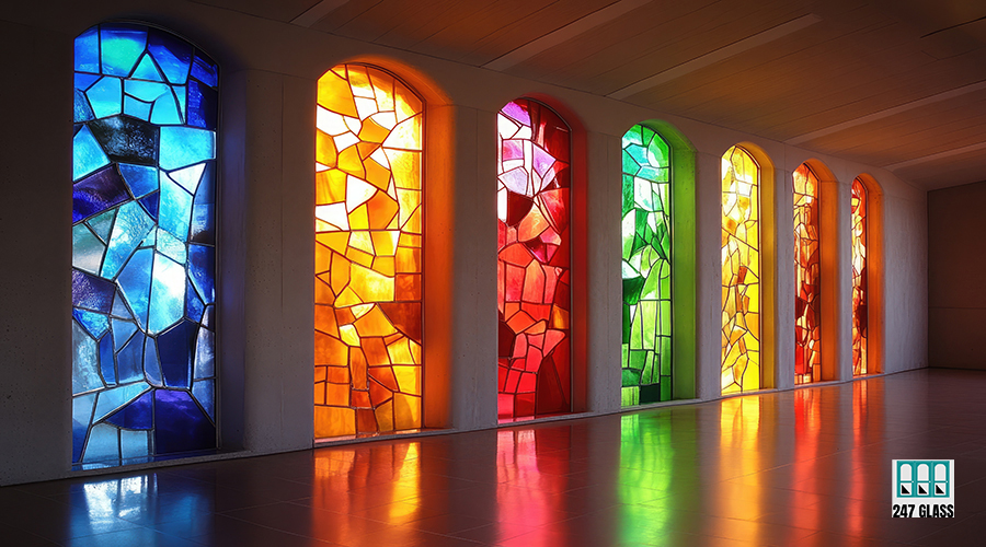 Colorful stained glass windows illuminating modern interior Sunlight streaming through vibrant stained glass windows, casting colorful reflections on a polished floor