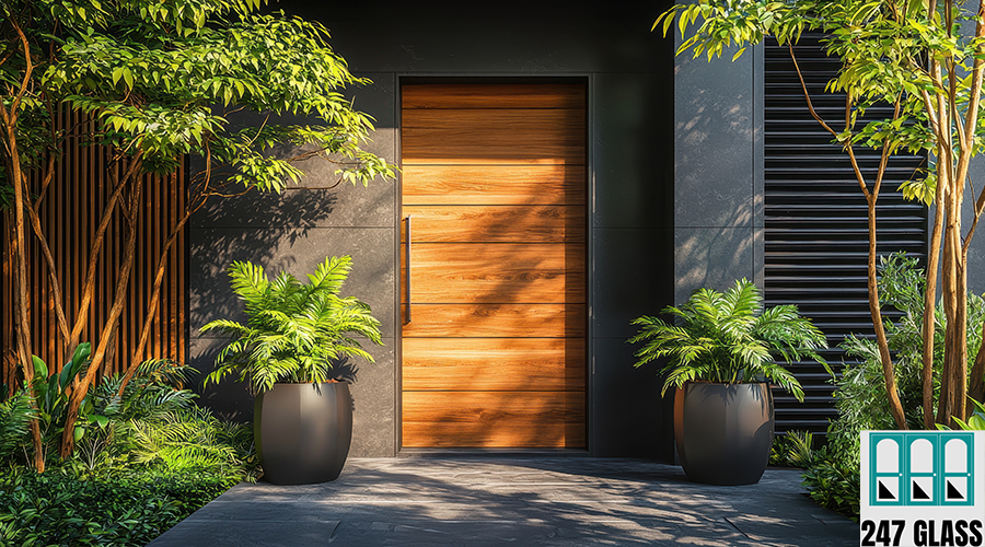Contemporary Home Entrance with Wooden Door Lush Greenery Outdoor Design Modern Setting Background Copyspace door installation