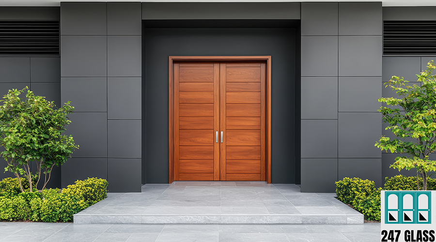 Elegant Wooden Door Entrance with Background Copyspace Modern Architecture Urban Environment door installation
