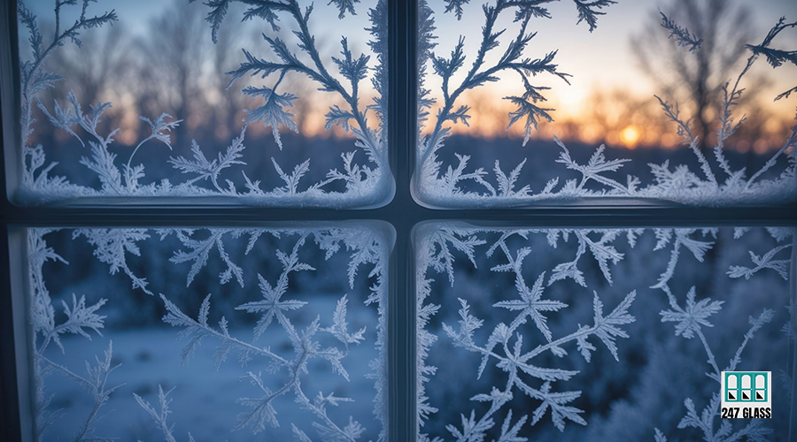 Frost Pattern on Window at Sunrise Winter Scene Nature View Intricate frost patterns cover window panes with a soft sunrise glow filtering through, creating a serene winter scene Use for winter seasonal themes or holiday backgrounds.