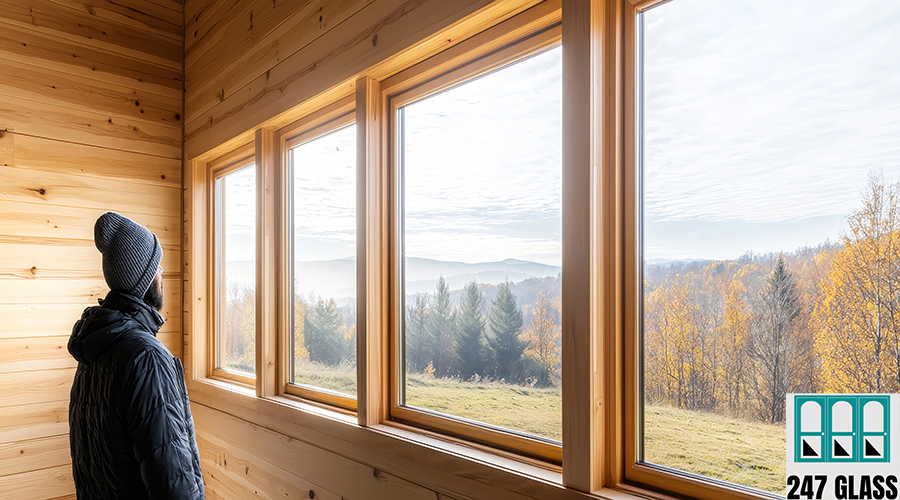 Home improvement with sustainable building concept. A person gazes out of a wooden cabin window, enjoying a serene view of autumn trees and rolling hills under a cloudy sky. A person gazes out of a wooden cabin window, enjoying a serene view of autumn trees and rolling hills under a cloudy sky.