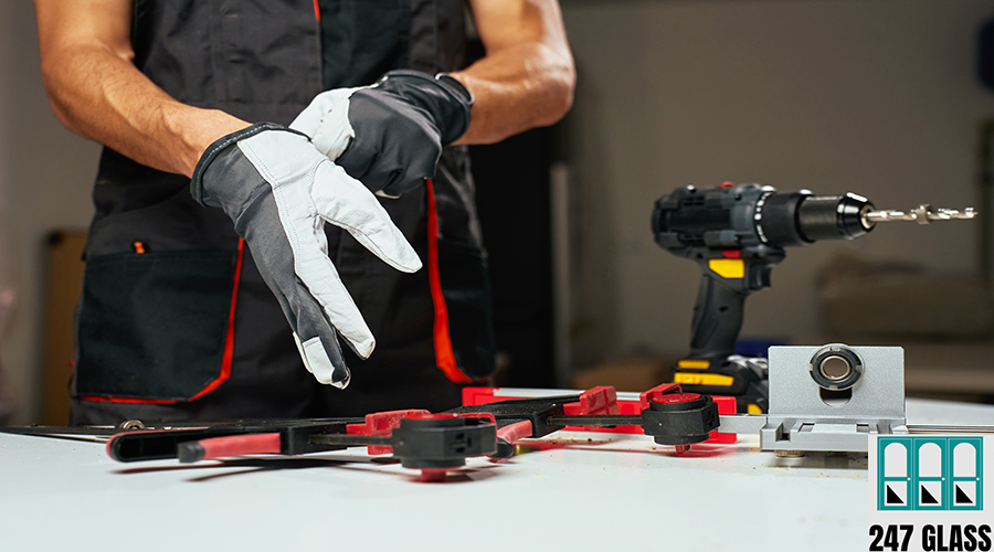 Man putting on safety gloves in workshop commercial door service