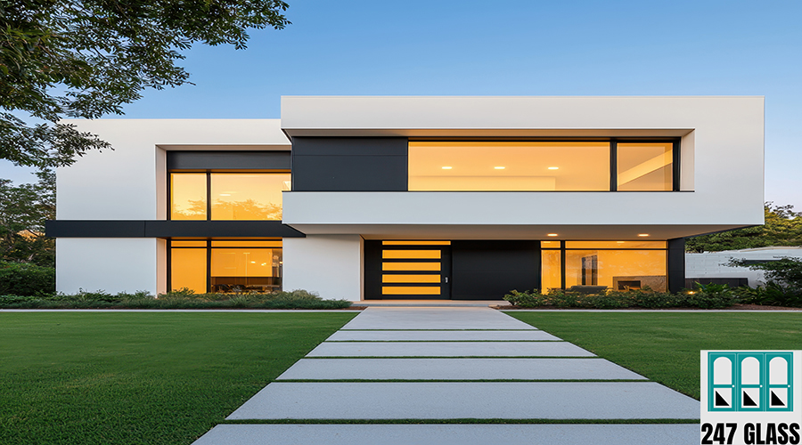 Modern Architecture Home Exterior Urban Setting Image with Background and Copyspace Glass Window Inserts
