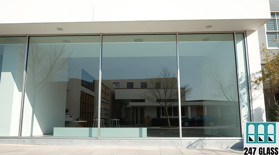 Modern Building with Large Glass Windows Reflecting the Sky and Surrounding Buildings glass installer