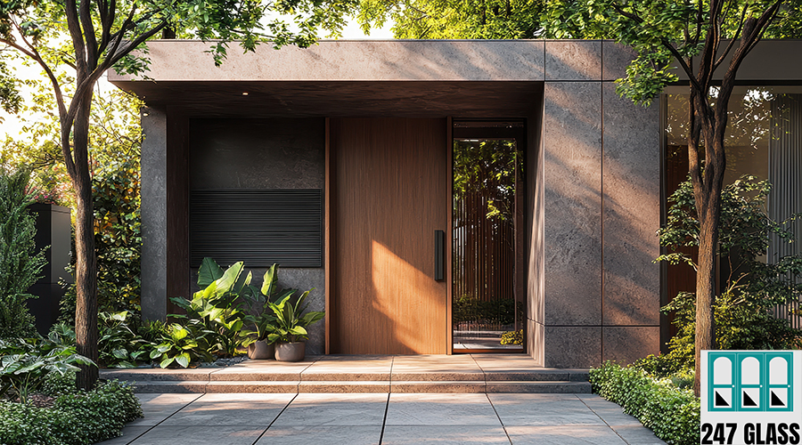 Modern Entryway with Large Wooden Door Surrounded by Lush Plants Outdoor Background Copyspace door installation