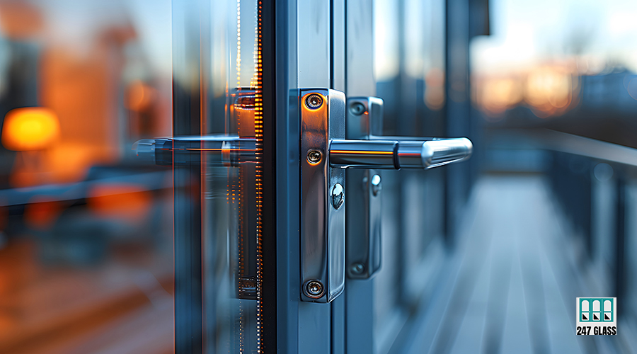 Modern Glass Door Handle Reflecting Warm Interior Lighting Generative AI commercial door service