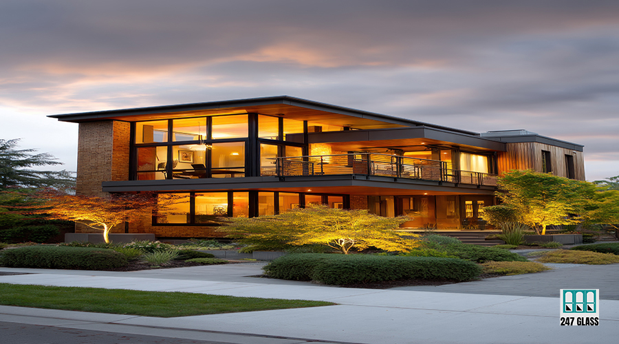 Modern home exterior view with glowing lights and manicured landscape at twilight Glass Window Inserts