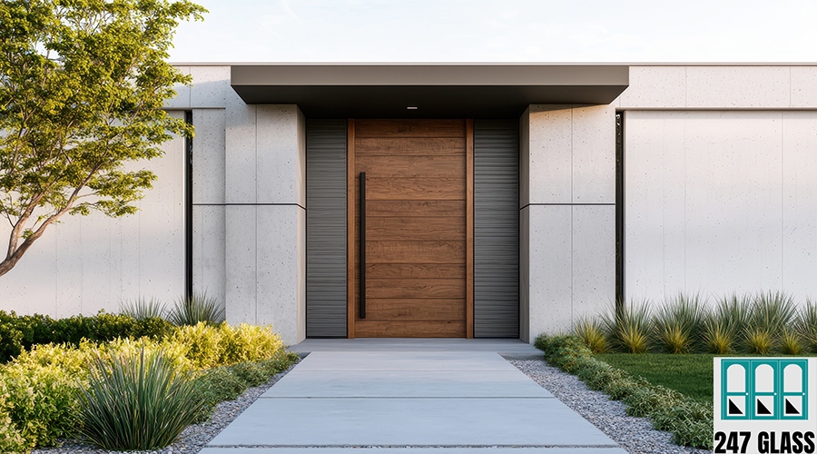 Modern House Entrance with Rustic Door Outdoor Landscape Clean Background Copyspace door installation