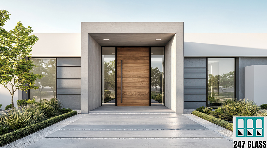 Modern House Entrance with Striking Wood Door Outdoor Landscape Copyspace Minimalist Background Modern House Entrance with Striking Wood Door Outdoor Landscape Copyspace Minimalist Background