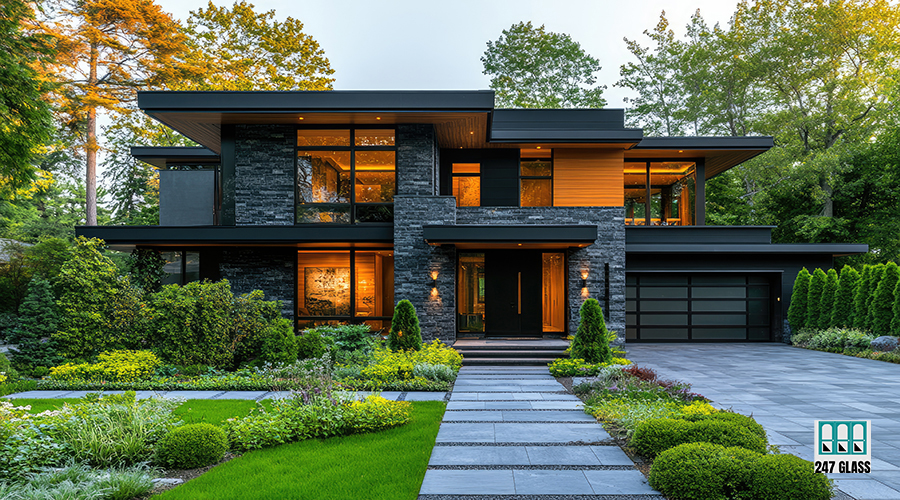 Modern luxury home exterior with fall foliage surrounding entrance Glass Window Inserts