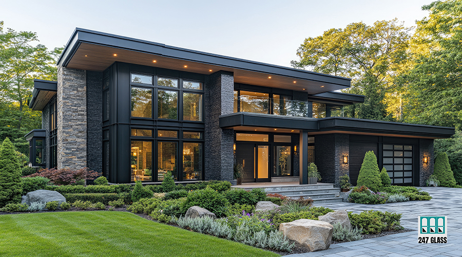 Modern luxury home exterior with fall foliage surrounding entrance Glass Window Inserts