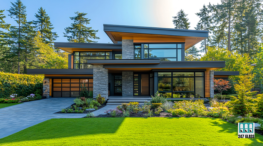 Modern luxury home exterior with landscaping and green grass Glass Window Inserts