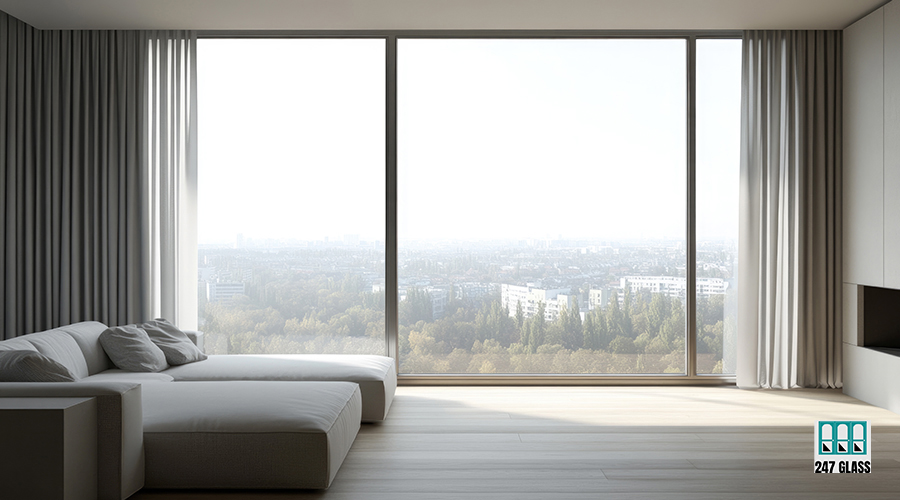 Modern minimalist living room, large open window glass replacement