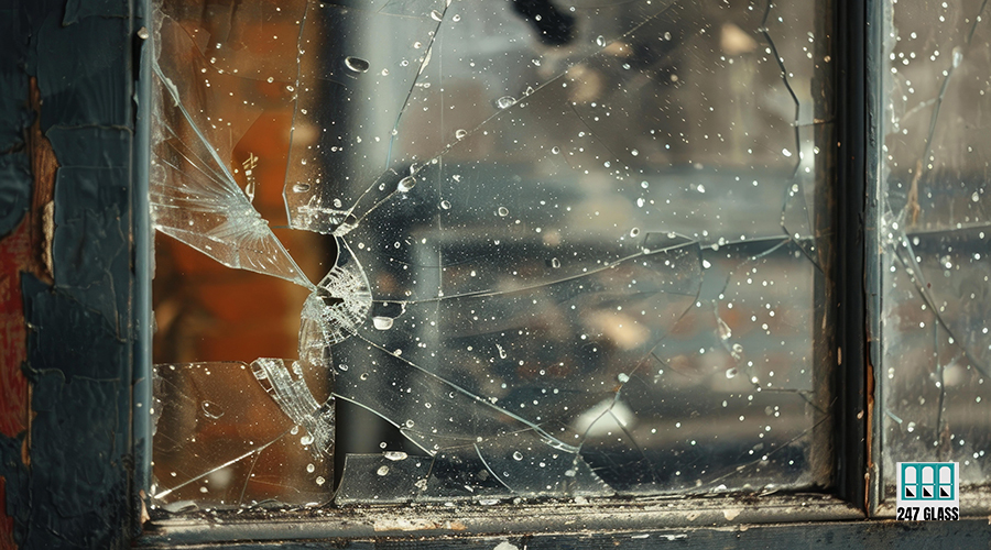 Old broken window showing rain drops falling on glass 24 hours glass repair