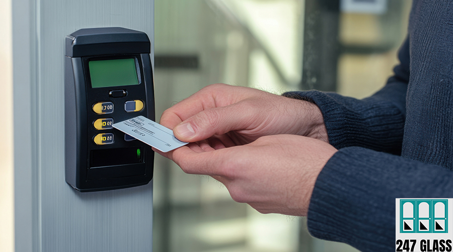 Person scanning an access card on a security keypad for entry, emphasizing technology and security in workplaces commercial door service