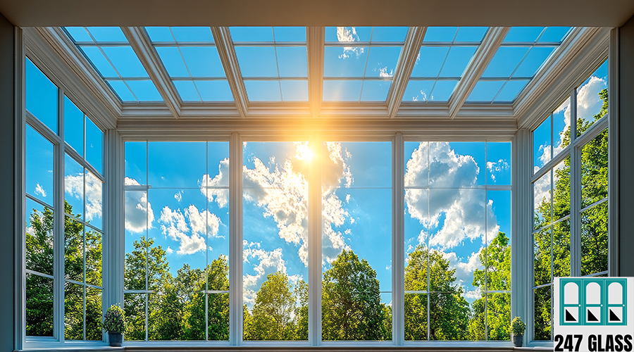 Sunlight streaming through large windows. Bright sunlight fills a spacious room through large windows, showcasing vibrant green trees and a clear blue sky. glass replacement