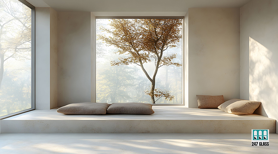 Tranquil Minimalist Interior with Large Window and Nature View for Serenity and Relaxation Generative AI glass replacement
