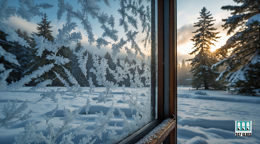 Winter Window View Snowy Landscape Frost Patterns and Evergreen window glass installation